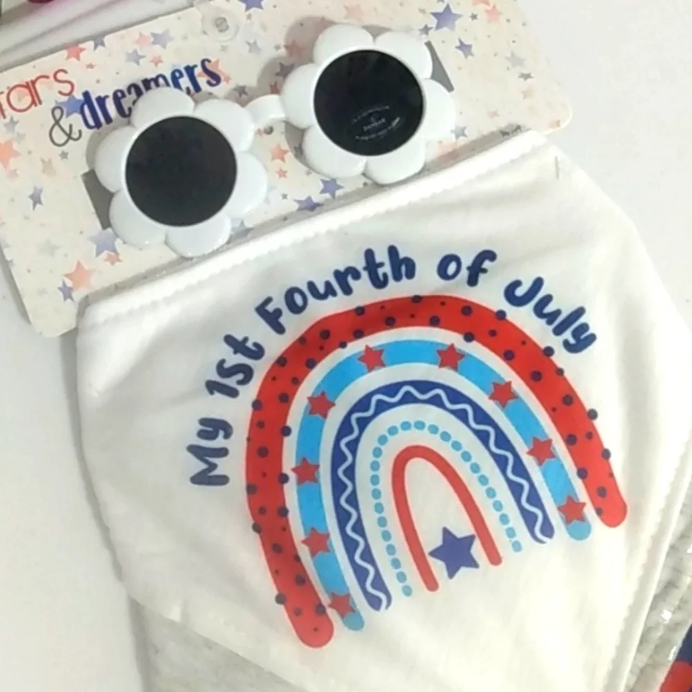 STARS & DREAMERS GIRL'S JULY 4TH SUNGLASSES AND BANDANA BIBS 4 PIECE SET NWT